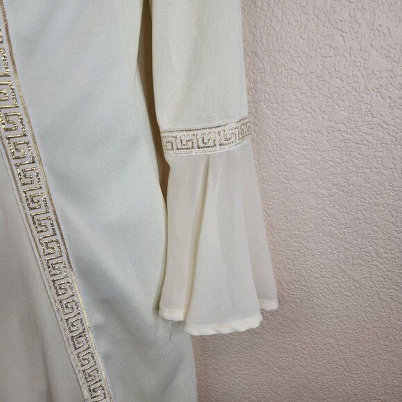 Vintage 60s Mod Dress Size S Ivory Gold Grecian Greek Key Wedding Flounce Sleeve - Picture 6 of 11